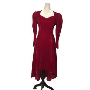 Vintage red velour velvet maxi dress long sleeve high low S -M women's